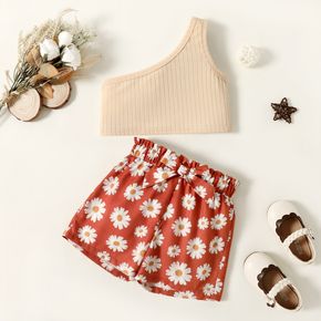 2pcs Toddler Girl Ribbed One Shoulder Tank Top and Floral Print Bowknot Design Shorts Set