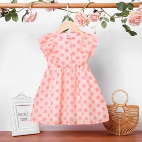 Toddler Girl Polka dots Ruffled Button Design Sleeveless Pink Chiffon Dress