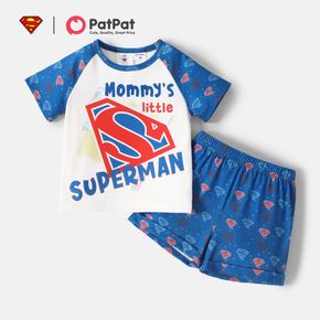 Superman 2pcs Toddler Boy Letter Print Colorblock Short Raglan Sleeve Tee and Allover Print Shorts Set