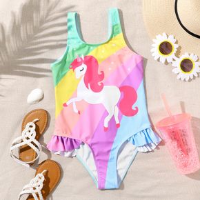 Kid Girl Unicorn Print Colorblock Onepiece Swimsuit