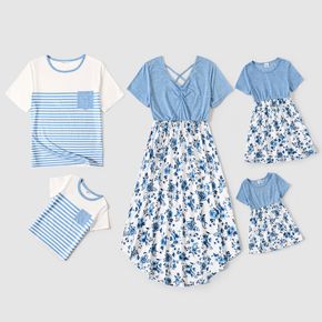 Family Matching Blue Short-sleeve Splicing Floral Print Dresses and Striped T-shirts Sets