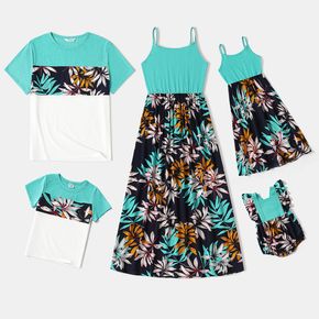 Conjuntos de vestidos con estampado de plantas empalmados y tirantes de espagueti sólidos a juego para la familia y conjuntos de pantalones cortos con bloques de color