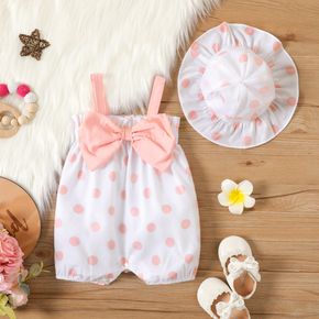 2pcs Baby Girl Bowknot Design Sleeveless Polka Dots Overalls Shorts with Hat Set