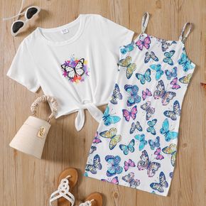 2pcs Kid Girl Butterfly Print Cami Dress and Tie Knot Short-sleeve Tee Set
