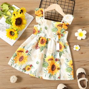 Toddler Girl Floral Print Button Design Ruffled Sleeveless Dress