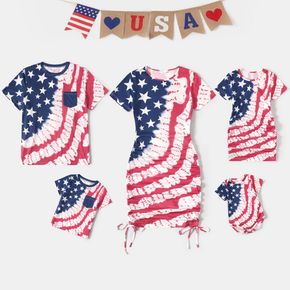 Conjuntos de vestidos e camisetas com estampa de bandeira americana de manga curta e cordão franzido para família