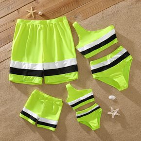 Family Matching Fluorescent Green Splicing Swim Trunks Shorts and One Shoulder Two-Piece Bikini Set Swimwear