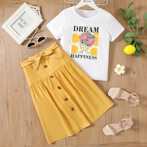 2pcs Kid Girl Letter Cartoon Print Short-sleeve White Tee and Button Design Belted Yellow Skirt Set