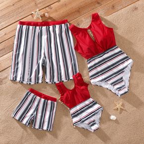 Family Matching Striped Swim Trunks Shorts and Splicing One-Piece Swimsuit