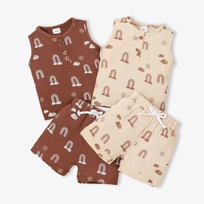 100% Cotton Crepe 2pcs Baby Boy/Girl All Over Rainbow Print Sleeveless Tank Top and Shorts Set