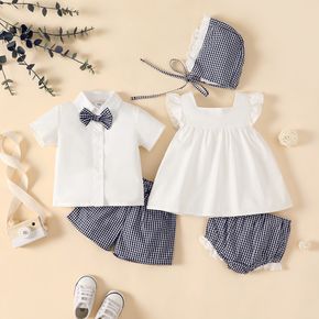 Baby Navy 3pcs Solid White Top and Plaid Shorts with Hat or Bow Tie Set