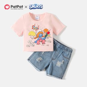 Smurfs 2pcs Kid Girl Flroal Print Short-sleeve Pink Tee and Ripped Denim Cotton Shorts Set