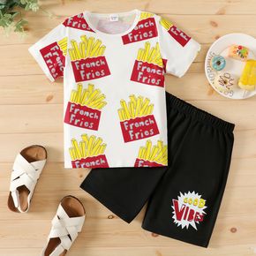 2pcs Kid Boy Fast Food Print Short-sleeve White Tee and Letter Print Black Shorts Set