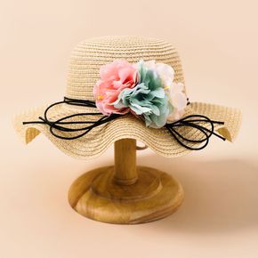 Toddler / Kid Lace Up Floral Decor Wavy Edge Straw Hat