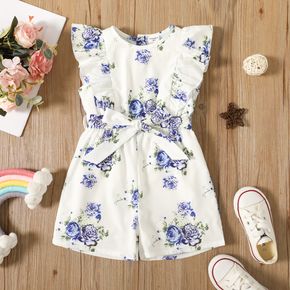 Toddler Girl Floral Print Ruffled Sleeveless Belted Rompers