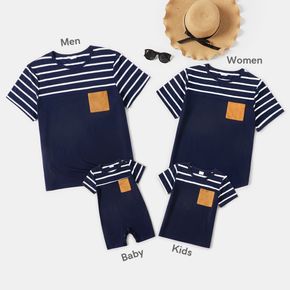 Family Matching Dark Blue Striped Short-sleeve Splicing T-shirts