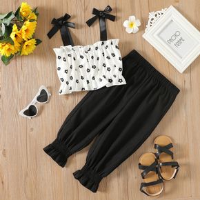 2pcs Kid Girl Floral Print Bowknot Design Camisole Black Smocked Cuff Capri Pants Set