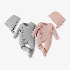 2pcs Baby Cotton Ribbed Solid Long-sleeve Footed Jumpsuit Set