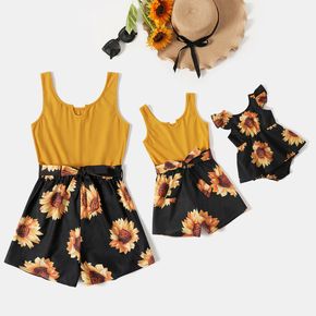 Yellow Ribbed Splicing Sunflower Floral Print Belted Sleeveless Romper for Mom and Me