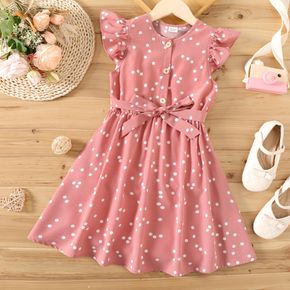 Kind Mädchen Polka Dots Button Design Flatterärmel Kleid mit Flatterärmeln und Gürtel