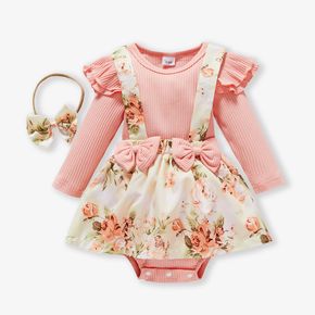 2pcs Baby Girl 95% Cotton Ribbed Long-sleeve Faux-two Floral Print Romper with Headband Set