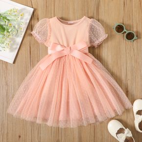 Toddler Girl Dotted Swiss Belted Short Puff-sleeve Pink Mesh Dress