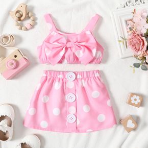 2pcs Baby Girl Pink Polka Dots Sleeveless Bowknot Crop Top and Skirt Set