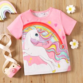Kid Girl Unicorn Rainbow Print Short-sleeve Pink Tee