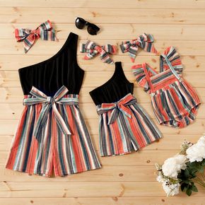 Solid and Striped Splicing One Shoulder Sleeveless Belted Romper for Mom and Me