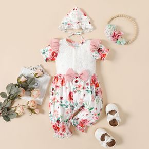 2pcs Baby Girl Party Outfits Floral Print Short-sleeve Lace Snap Jumpsuit with Hat Set