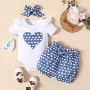 Baby 3pcs Heart Allover Ruffle and Bow Decor Short-sleeve White Romper and Blue Shorts with Headband Set
