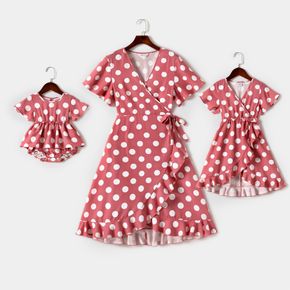 All Over Polka Dots Print V Neck Ruffle Short-sleeve Self-tie Wrap Dress for Mom and Me