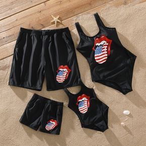 Family Matching Red Lips and Tongue Print Black One-Piece Swimsuit and Swim Trunks Shorts