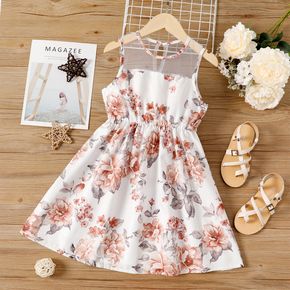 Kid Girl Floral Print Mesh Design Sleeveless Dress