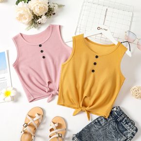 Kid Girl Solid Color Button Design Tie Knot Waffle Tank Top