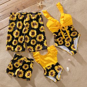 Family Matching Solid Splicing Sunflower Floral Print Ruffle One-Piece Swimsuit and Swim Trunks Shorts