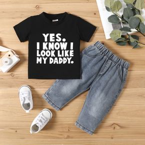 2pcs Baby Boy/Girl Letter Print Short-sleeve Tee and Jeans Set