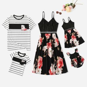 Family Matching Black Lace Spaghetti Strap Splicing Floral Print Dresses and Striped Short-sleeve T-shirts Sets