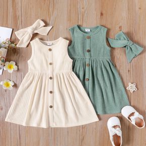 2pcs Toddler Girl Solid Color Button Design Ribbed Sleeveless Dress and Headband Set