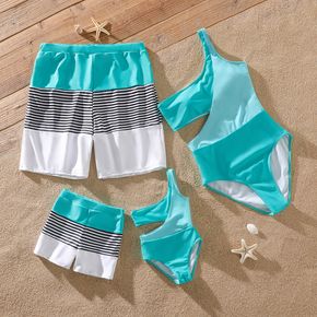Family Matching Striped Colorblock Swim Trunks Shorts and One Shoulder Hollow Out One-Piece Swimsuit