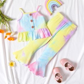 2pcs Toddler Girl Tie Dyed Ruffled Ribbed Camisole and Flared Pants Set