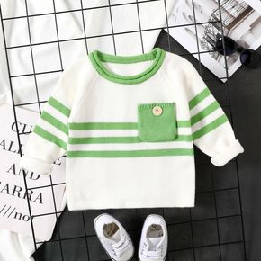Baby Boy/Girl Green Striped Long-sleeve Knitted Pullover Sweater with Pocket