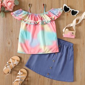 2pcs Kid Girl Tie Dyed Pompom Design Flounce Cami Top and Button Design Denim Skirt Set