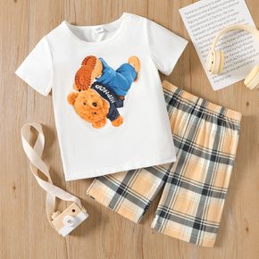 2pcs Kid Boy Bear Print Short-sleeve White Tee and Elasticized Plaid Shorts Set