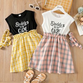 Father's Day Kid Girl Letter Print Plaid Splice Sleeveless Dress