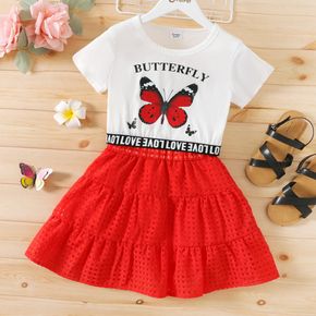 2pcs Kid Girl Letter Butterfly Print Short-sleeve Tee and Hollow out Red Skirt Set