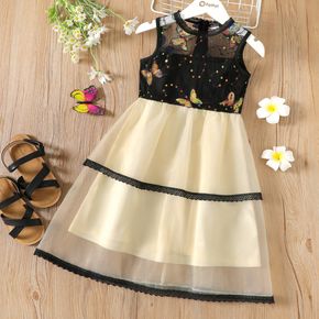 Kid Girl Butterfly Sequined Lace Mesh Design Sleeveless Dress