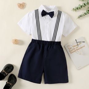 2pcs Kid Boy Gentleman Suit Short-sleeve Bow tie Design White Shirt and Suspender Shorts Set Party Set