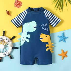 Baby Boy Striped Short-sleeve Cartoon Dinosaur Print One-Piece Swimsuit