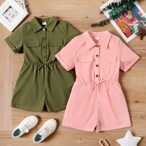 Kid Girl Solid Color Lapel Collar Bowknot Button Design Short-sleeve Rompers